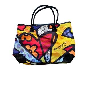 Romero Britto Tote Bag Large Colorful Hearts Pop Art Patent Handle‎ Shoulder Bag
